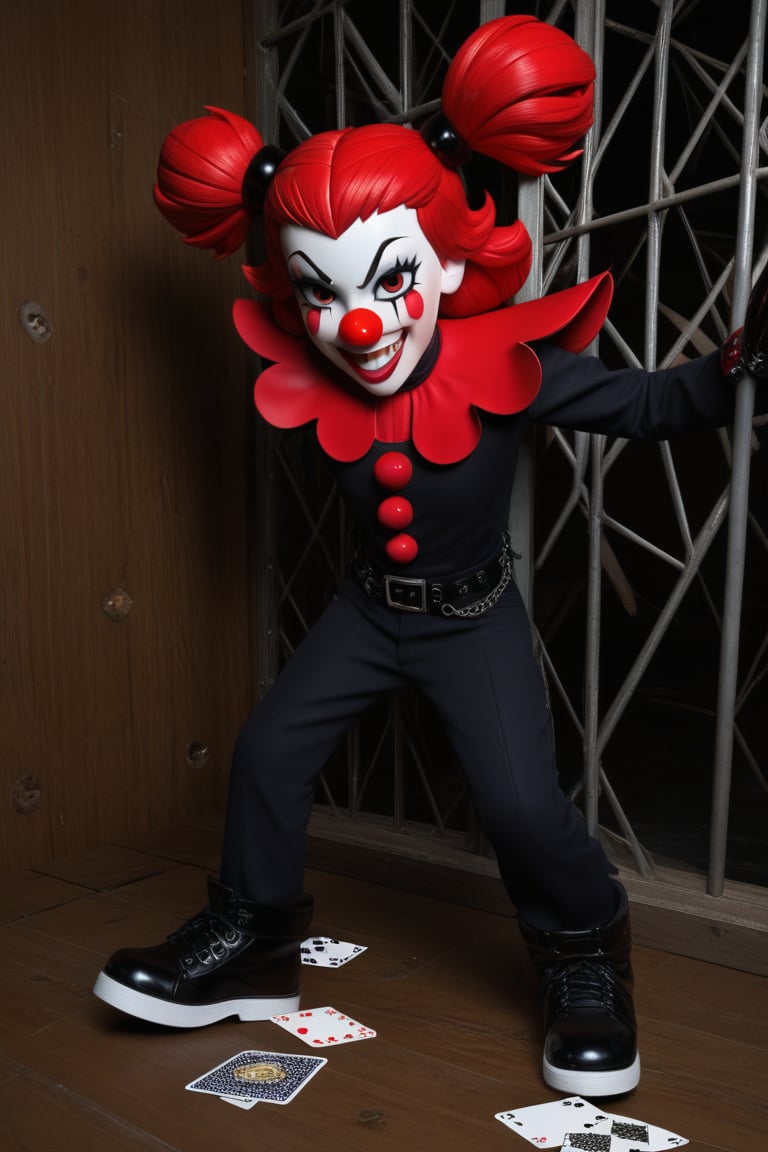 A surreal scene unfolds as a deck of playing cards suddenly opens, revealing the iconic villainous grin of the Joker, clad in a bright red nose and oversized shoes. The Clown Prince of Crime emerges from the cardboard prison, his eyes gleaming with maniacal intensity. A splash of vibrant colors dominates the frame, punctuated by the stark black and white of the playing cards.