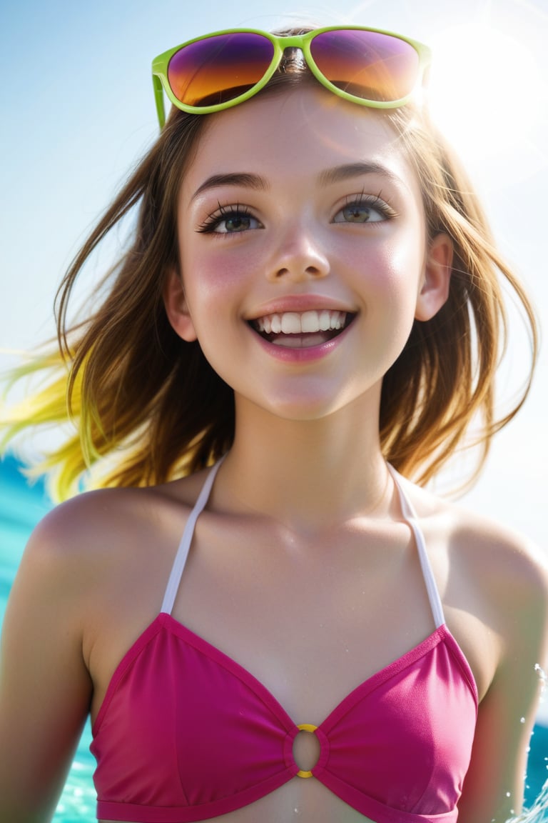 A vibrant summer scene: a young girl with bright pink swimwear and matching sunglasses, playfully splashing water from her hands onto the camera lens. The warm sunlight casts a golden glow on her sun-kissed skin as she tilts her head back in joyful abandon. A blurred beach background with colorful towels and inflatables adds to the lively atmosphere.