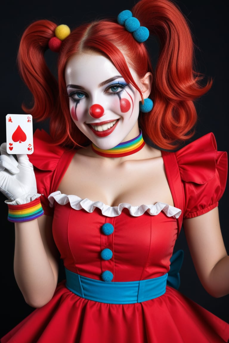 Joker dressed as a clown pops out from playing cards