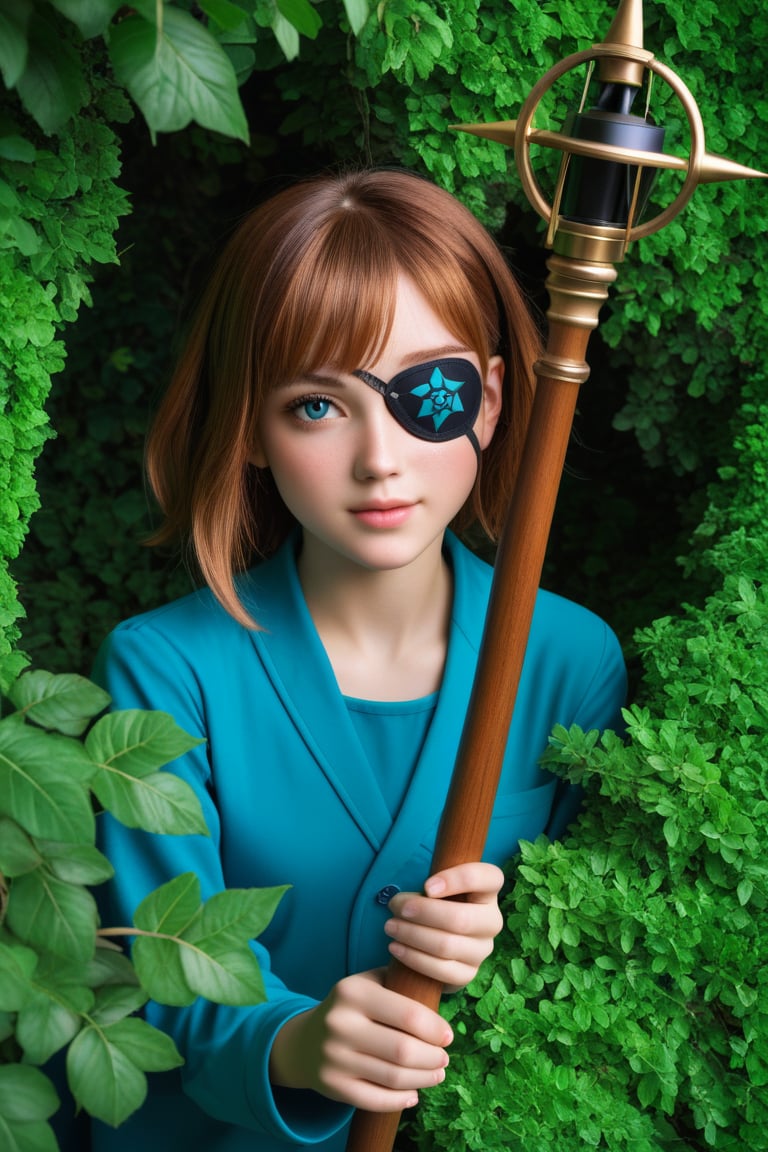 A young girl with a stylish eyepatch and tousled brown hair gazes upward, her bright blue eyes sparkling in the warm sunlight. Framed against a vibrant green background of overgrown bushes and tall trees, she poses on a weathered stone wall, one hand grasping a worn wooden staff. The sky above is a brilliant blue with only a few wispy clouds, casting a gentle glow on the scene.