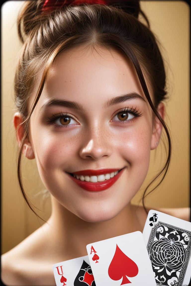 A close-up shot of a Joker's grinning face suddenly emerging from a worn, vintage-style deck of cards. The lighting is dim, with a warm glow emanating from the cards themselves, as if they're imbued with a magical aura. The Joker's eyes seem to gleam with mischief, and his bright red lips are curled into a sly smile. The camera captures the sudden surprise and whimsy of the moment.