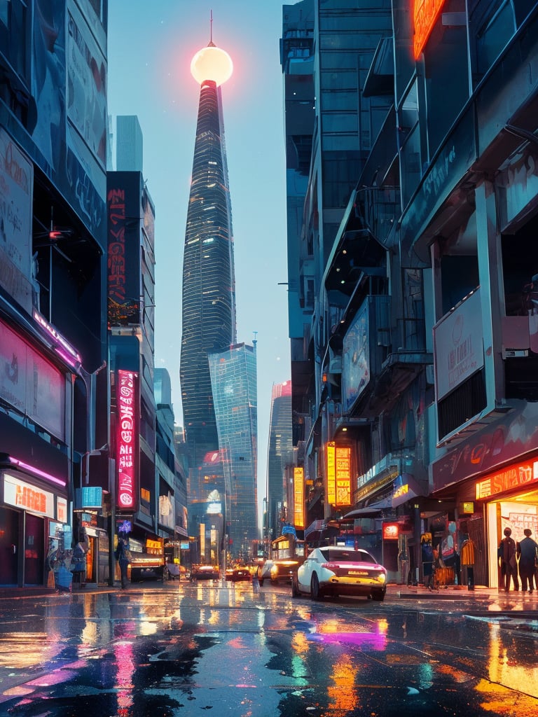 A futuristic cityscape at dusk, with sleek skyscrapers and neon lights reflected in a wet asphalt street, where a group of stylized robots, varying shapes and sizes, converge around a glowing orb, their metallic bodies illuminated by soft blue-purple hues, as the orange-pink sunset sky looms behind.