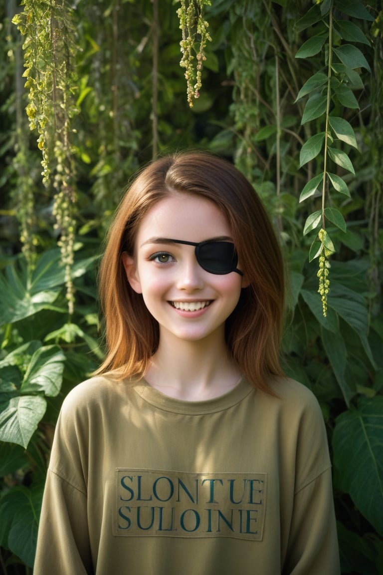 A young girl with a bold, adventurous spirit, wearing a stylish eyepatch, stands confidently outdoors amidst lush greenery. Framed by the warm sunlight peeking through the leaves, her bright smile and sparkling eyes radiate determination. Score 9 and Score 8 Up flags flutter in the gentle breeze, symbolizing her ascent towards new heights. In the background, Score 7 Up and Score 6 Up signs mark her previous triumphs.