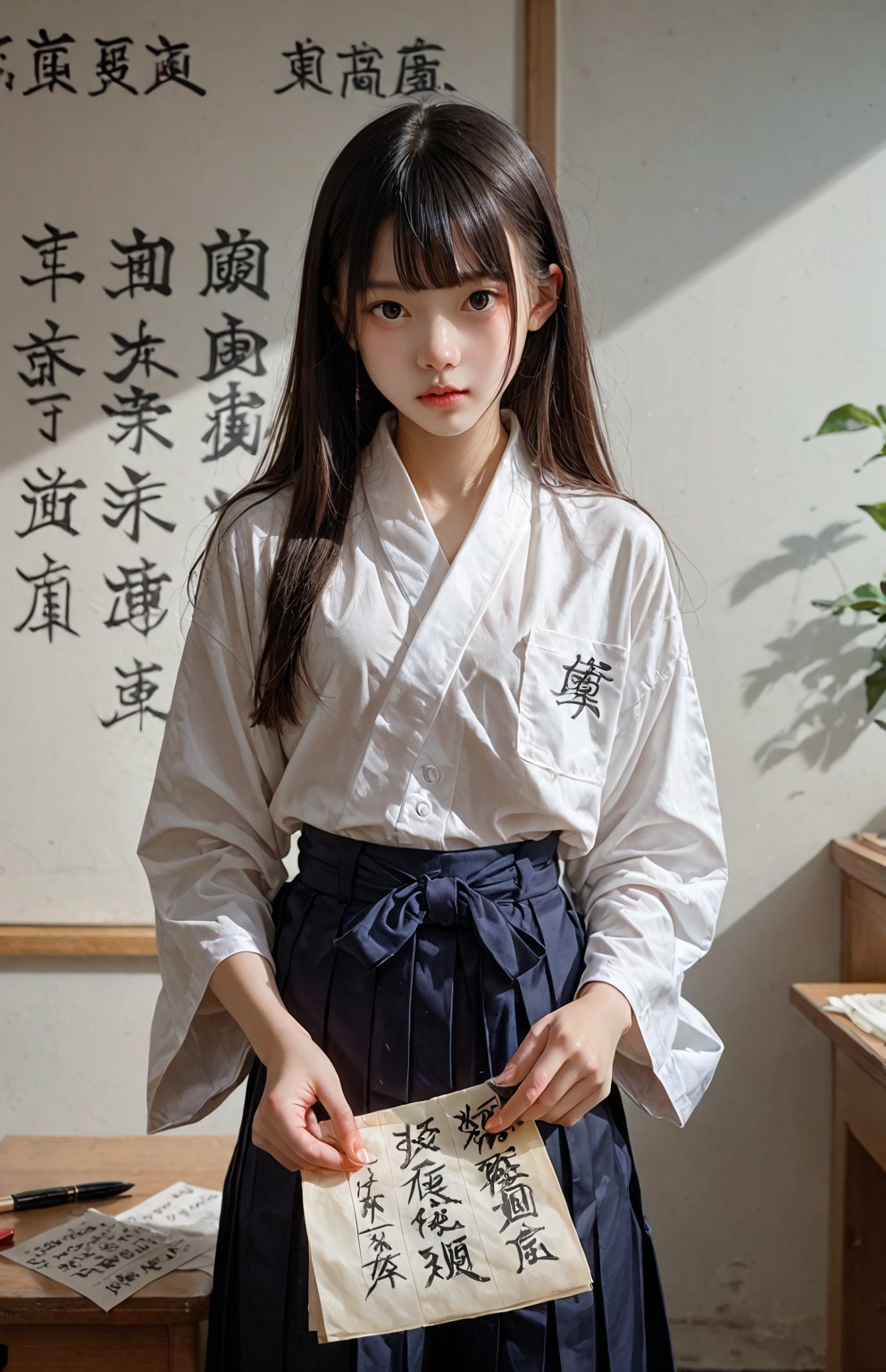 Score 9, score 8 up, score 7 up, and score 6 up, Calligraphy performance, Japanese high school student, hakama, writing on large paper with a large brush,"愛”