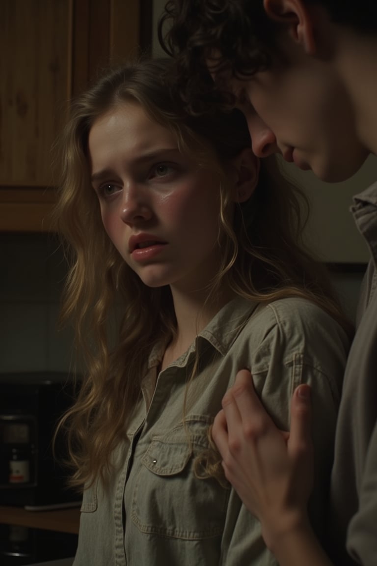 A distressed young woman, tears streaming down her face, stands in a dimly lit kitchen with worn wooden countertops. Her boyfriend's hand grips her arm, his fingers digging into her skin as he whispers something incomprehensible. The camera captures the tender moment from a low angle, emphasizing the girl's vulnerability and emotional turmoil.