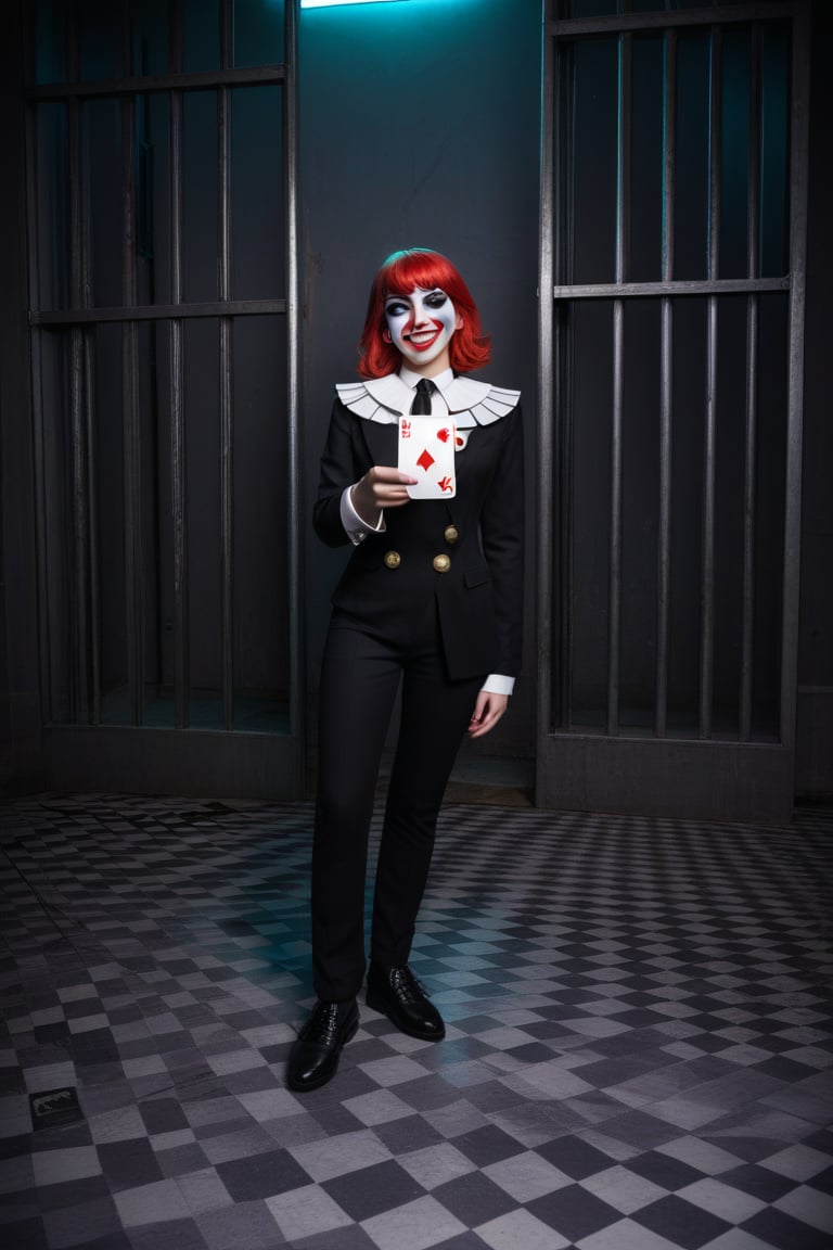 A surreal scene unfolds as a deck of playing cards suddenly opens, revealing the iconic villainous grin of the Joker, clad in a bright red nose and oversized shoes. The Clown Prince of Crime emerges from the cardboard prison, his eyes gleaming with maniacal intensity. A splash of vibrant colors dominates the frame, punctuated by the stark black and white of the playing cards.