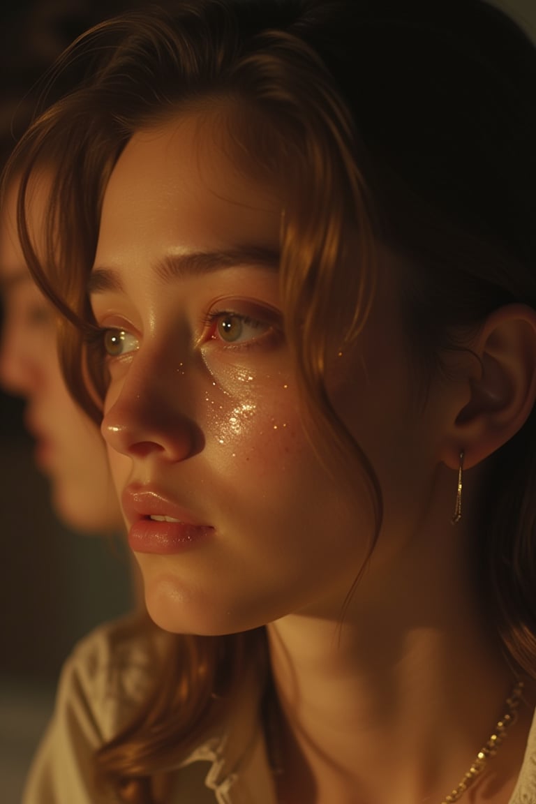 A close-up shot of a young woman's tear-stained face, her eyes welling up with tears as she cries softly. Her skin appears flushed, and her lips are pursed in distress. The background is blurred, but the faint outline of a person looming over her suggests the presence of her boyfriend. Soft, golden lighting highlights the contours of her face, while the shallow depth of field creates a sense of intimacy.