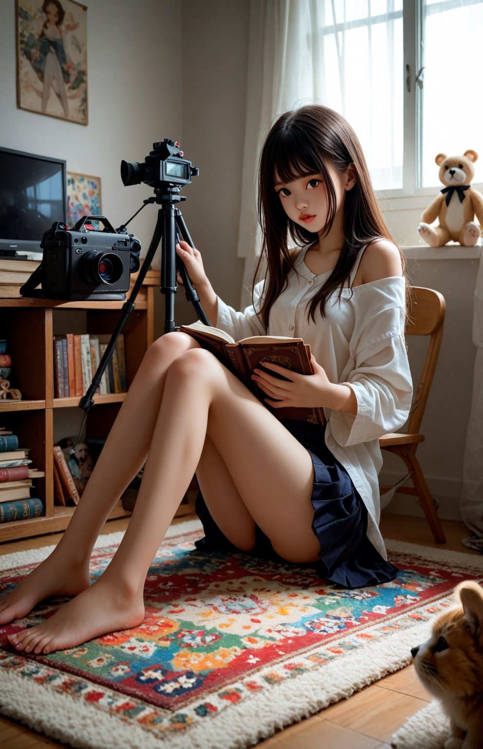 A young girl sits comfortably cross-legged on a colorful rug, her legs bent at a 45-degree angle. Her eyes are cast downward, gazing at a book or journal in her lap. Soft natural light filters through the window behind her, casting a warm glow on her peaceful expression. The surrounding environment is minimalist, with only a few scattered toys and books to distract from her serene pose.