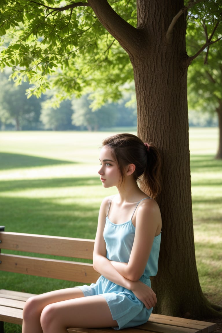 A contemplative young girl sits alone on a worn wooden bench, her arms crossed in front of her as she tilts her head to the side. Her eyes are cast downward, lost in thought, with a gentle furrow between her brows. Soft morning light filters through the nearby trees, casting dappled shadows across her profile.