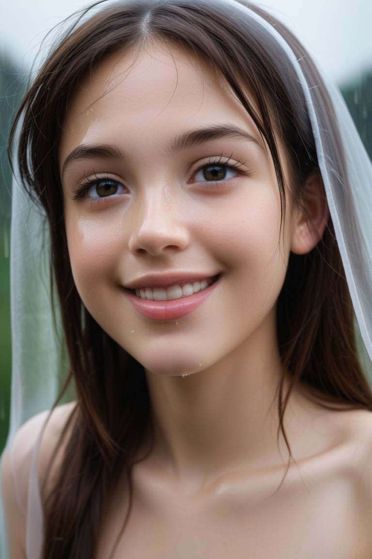 A close-up shot of a young girl, dripping with rainwater, her dark hair matted and clinging to her pale skin. She's seen from directly above, her face tilted upwards, eyes cast downward as if lost in thought. The autumn rain creates a misty veil around her, emphasizing the vulnerability and introspection etched on her features. A faint smile plays on her lips, as if she's savoring the serenity of the rainy day.