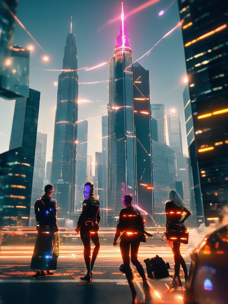 A futuristic cityscape at dusk, with sleek skyscrapers reflecting vibrant hues of orange and pink. A group of cyborgs, their mechanical limbs glowing blue, gather around a holographic display projecting swirling clouds of binary code. Soft focus blur surrounds the subjects, while sharp contrast highlights their metallic bodies against the warm glow of sunset.