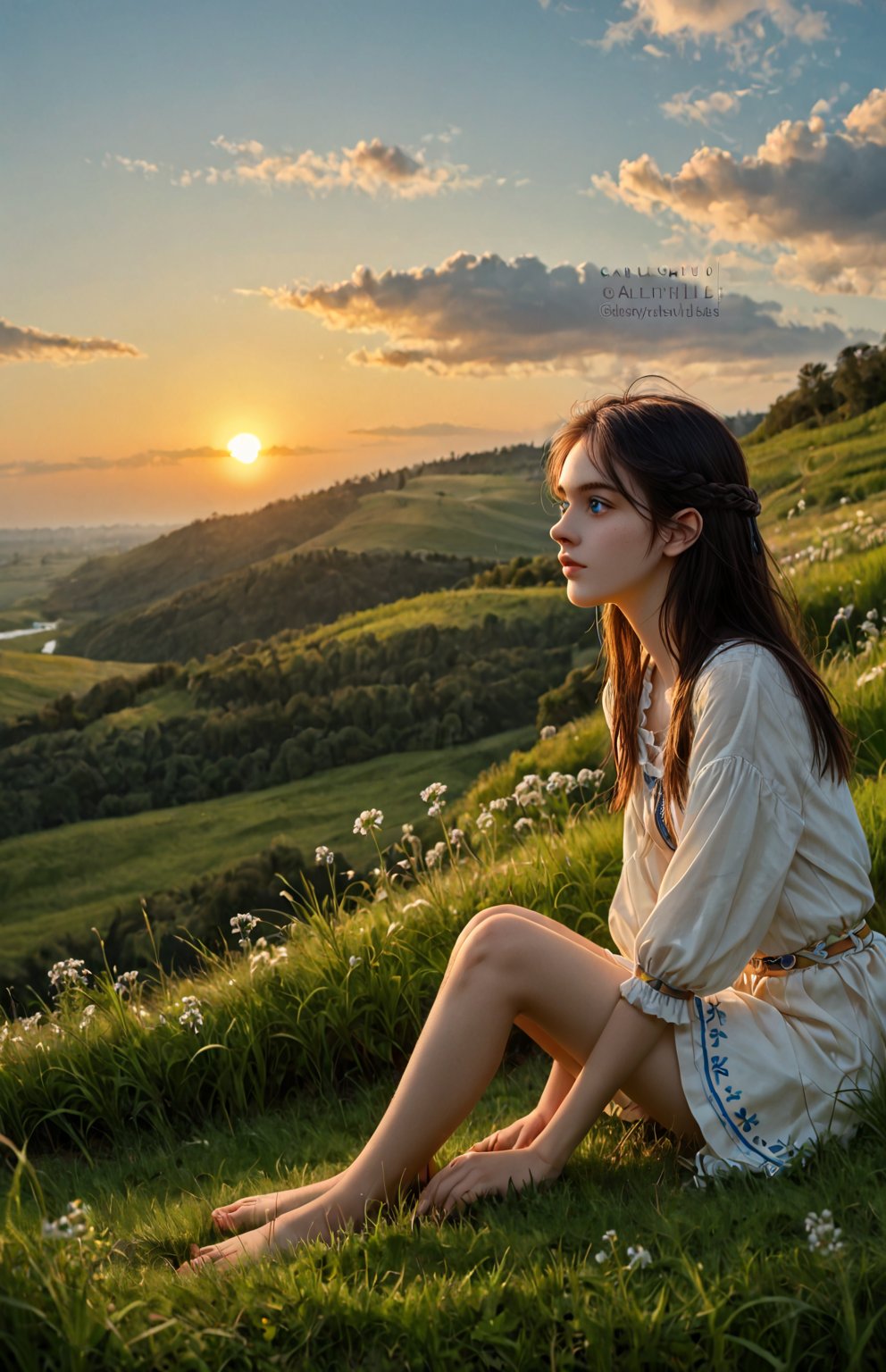 A serene young girl sits comfortably cross-legged on a lush green grassy hillside at sunset, her bright blue eyes gazing directly into the warm orange-hued sky as gentle blades of grass surround her, a few wildflowers sprouting nearby, with a calm and peaceful atmosphere filling the frame.