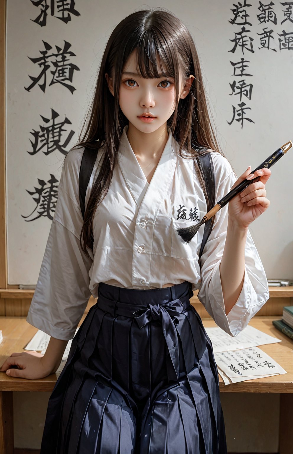 Score 9, score 8 up, score 7 up, and score 6 up, Calligraphy performance, Japanese high school student, hakama, writing on large paper with a large brush