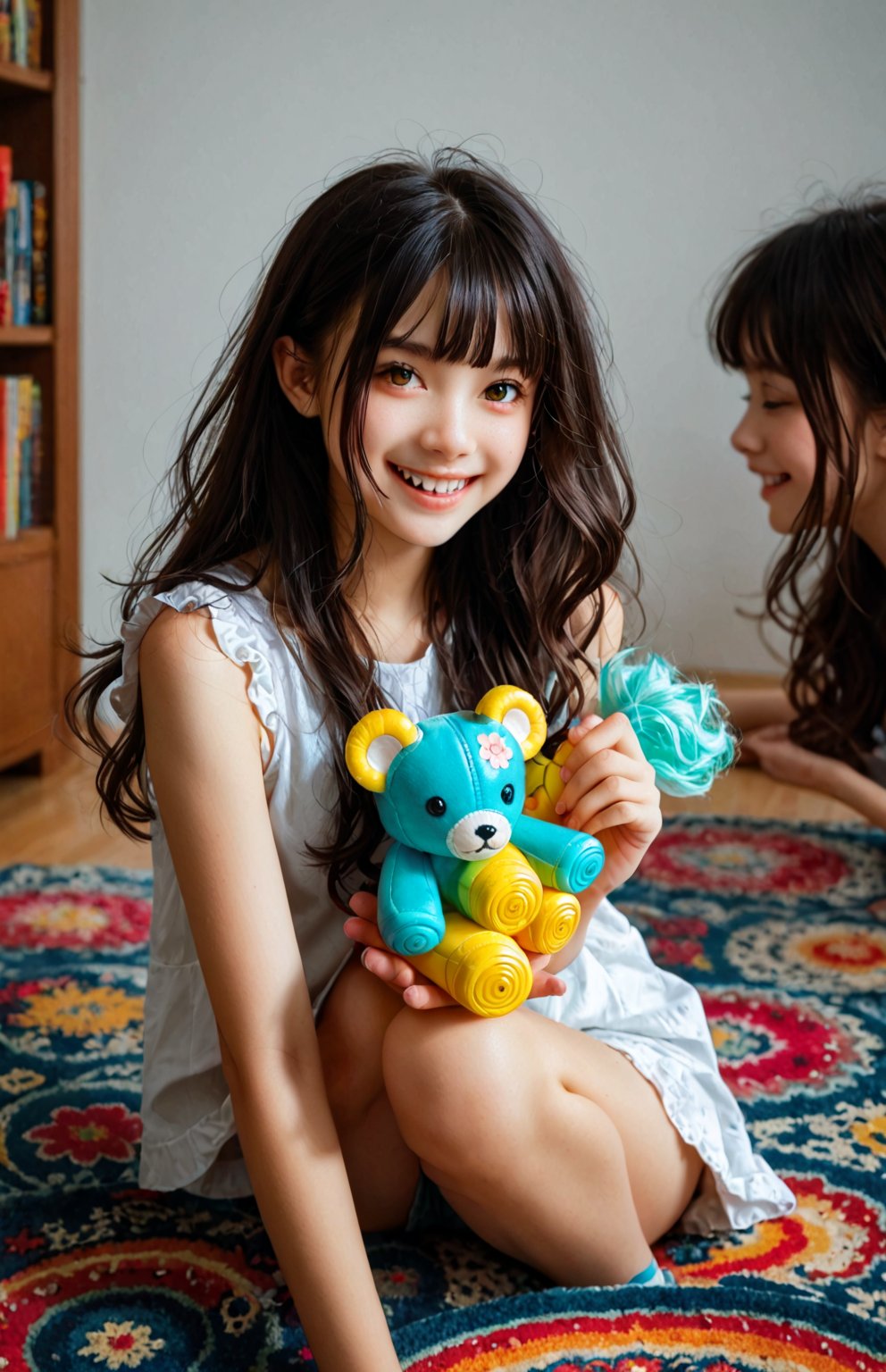 A young girl sits comfortably cross-legged on a vibrant, floral-patterned rug, her dark hair falling in loose waves down her back. The warm golden light of the setting sun casts a gentle glow on her smiling face, as she gazes softly into the distance. A scattering of colorful toys and books surround her, creating a playful atmosphere.