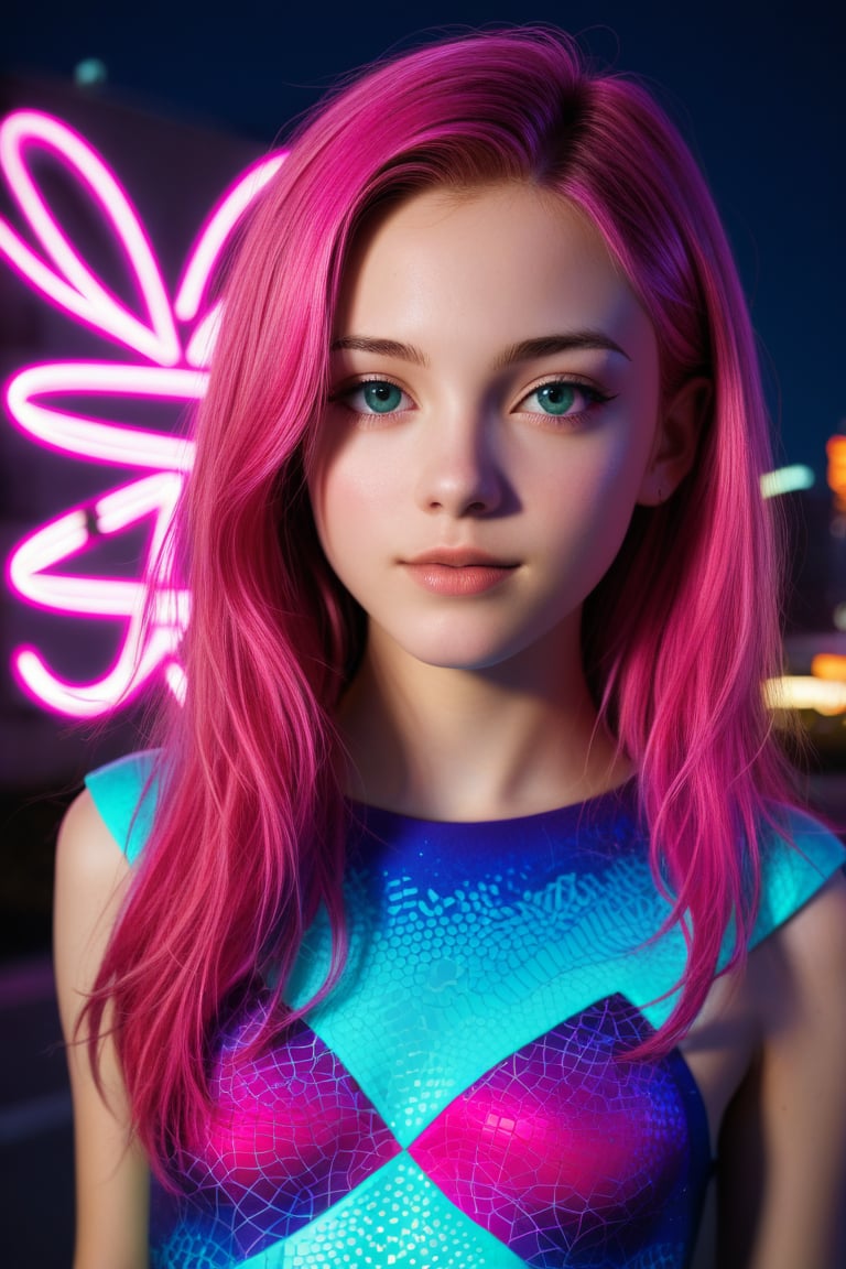 A neon-lit night market scene: A young girl with vibrant pink hair and eclectic clothing stands amidst a mesmerizing display of fractal art projections. Neon lights dance across her face as she gazes up at the swirling patterns, her eyes shining with wonder. The cityscape behind her is a kaleidoscope of colors, reflecting off her futuristic outfit.