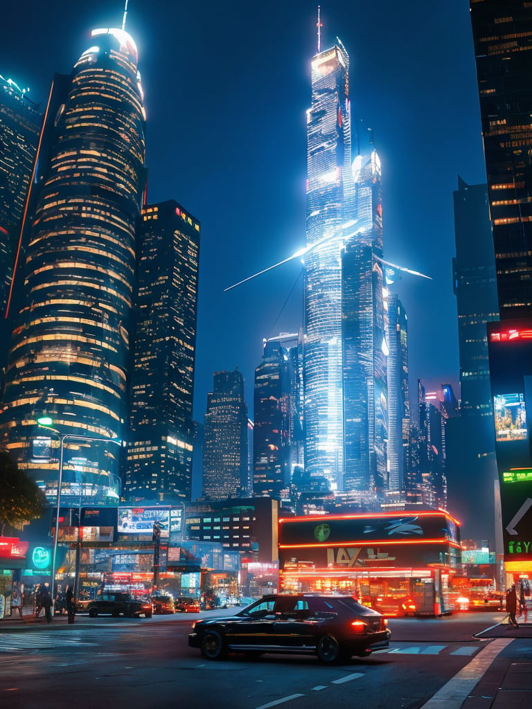 A futuristic cityscape at dusk, with towering skyscrapers and neon-lit billboards. A sleek, silver spaceship descends onto a landing pad, surrounded by a halo of light. The ship's sleek design and gleaming metal surface reflect the vibrant colors of the city below, as if merging technology and urbanity.