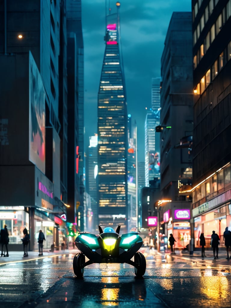 A futuristic cityscape at dusk, with neon lights reflecting off wet pavement. In the foreground, a sleek black hoverbike navigates through a crowded street, its LED lights flashing as it weaves past towering skyscrapers. The camera captures a low-angle shot, looking up from the ground to emphasize the bike's speed and agility.