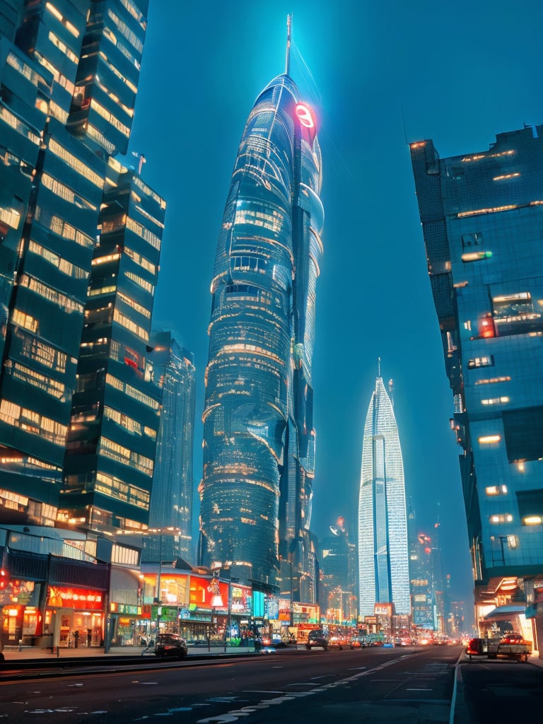 A futuristic cityscape at dusk, with towering skyscrapers and neon-lit billboards. A sleek, silver spaceship descends onto a landing pad, surrounded by a halo of light. The ship's sleek design and gleaming metal surface reflect the vibrant colors of the city below, as if merging technology and urbanity.