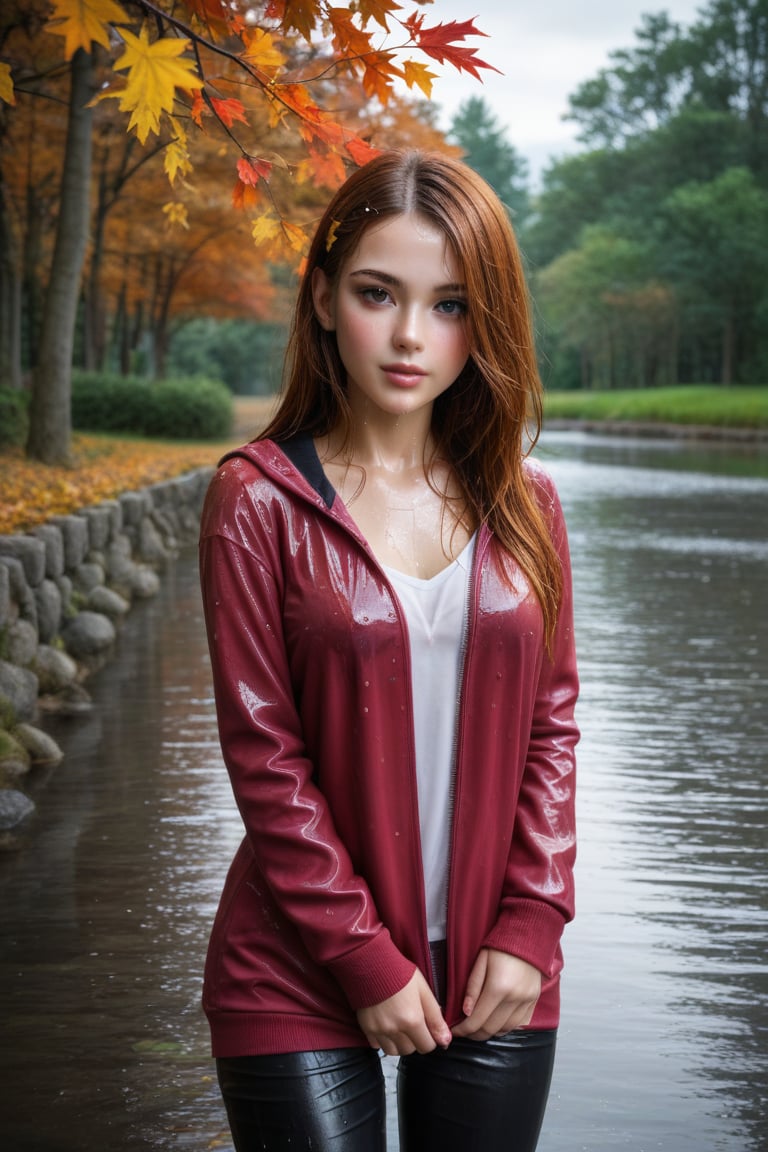 A girl returning home wet in the autumn rain