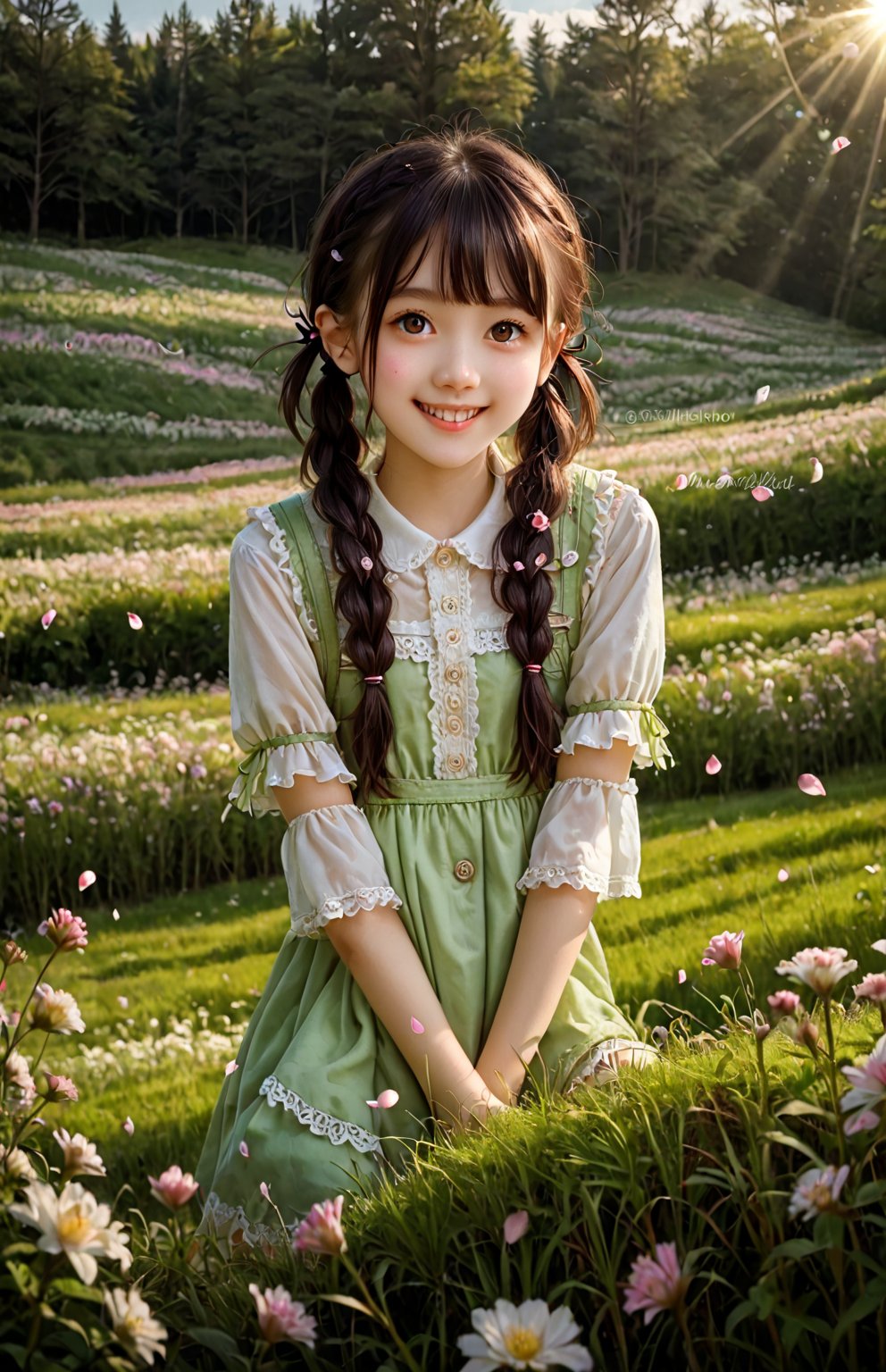 A young girl with bright smile and curious gaze sits comfortably cross-legged on a lush green grassy hillside, surrounded by tall wildflowers of soft pastel hues. Warm sunlight filters through the petals, casting gentle shadows on her rosy cheeks and messy pigtails.