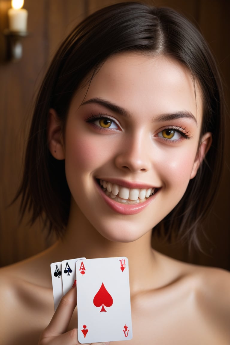 A close-up shot of a joker's mischievous face emerges from a worn leather-bound deck of cards, its bright red and yellow hues popping against the dark wooden surface. The Joker's grin stretches wide, teeth gleaming with an air of playful menace. Flickering candlelight casts eerie shadows on the surrounding playing cards, as if the deck itself is alive and conspiratorial.