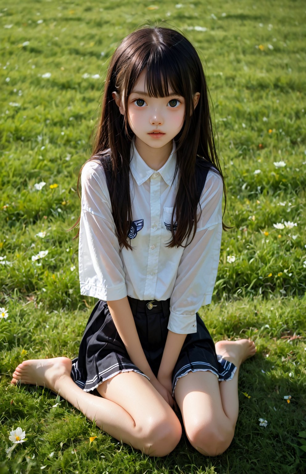 A young girl sits comfortably cross-legged on a grass