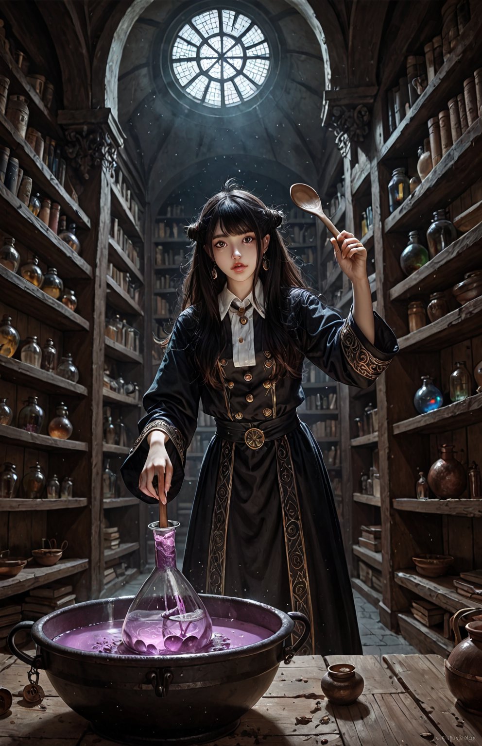 A mystical alchemist stands amidst a dimly lit apothecary, surrounded by shelves of dusty vials and ancient tomes. A glowing potion bubbles over a cauldron, emitting wispy tendrils that swirl towards the ceiling like ethereal tentacles. The alchemist's hands are stained with various concoctions as they stir the potion with a wooden spoon, their eyes intent on the brewing mixture.