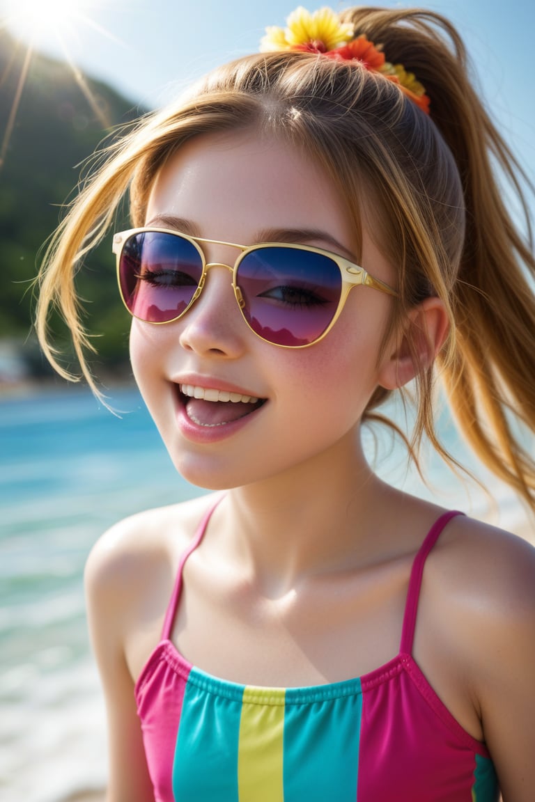 A vibrant summer scene: a young girl with bright pink swimwear and matching sunglasses, playfully splashing water from her hands onto the camera lens. The warm sunlight casts a golden glow on her sun-kissed skin as she tilts her head back in joyful abandon. A blurred beach background with colorful towels and inflatables adds to the lively atmosphere.