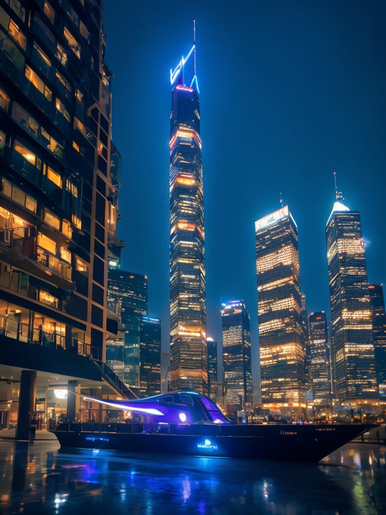 A futuristic cityscape at dusk, with a sleek spaceship landing on a raised platform, surrounded by a halo of blue and purple lights. The ship's metallic surface reflects the vibrant colors of the sky, while the city's towering skyscrapers loom in the background, their windows glowing like tiny jewels. A subtle mist enhances the sense of depth and atmosphere, as a lone figure steps out of the ship, gazing up at the cityscape.