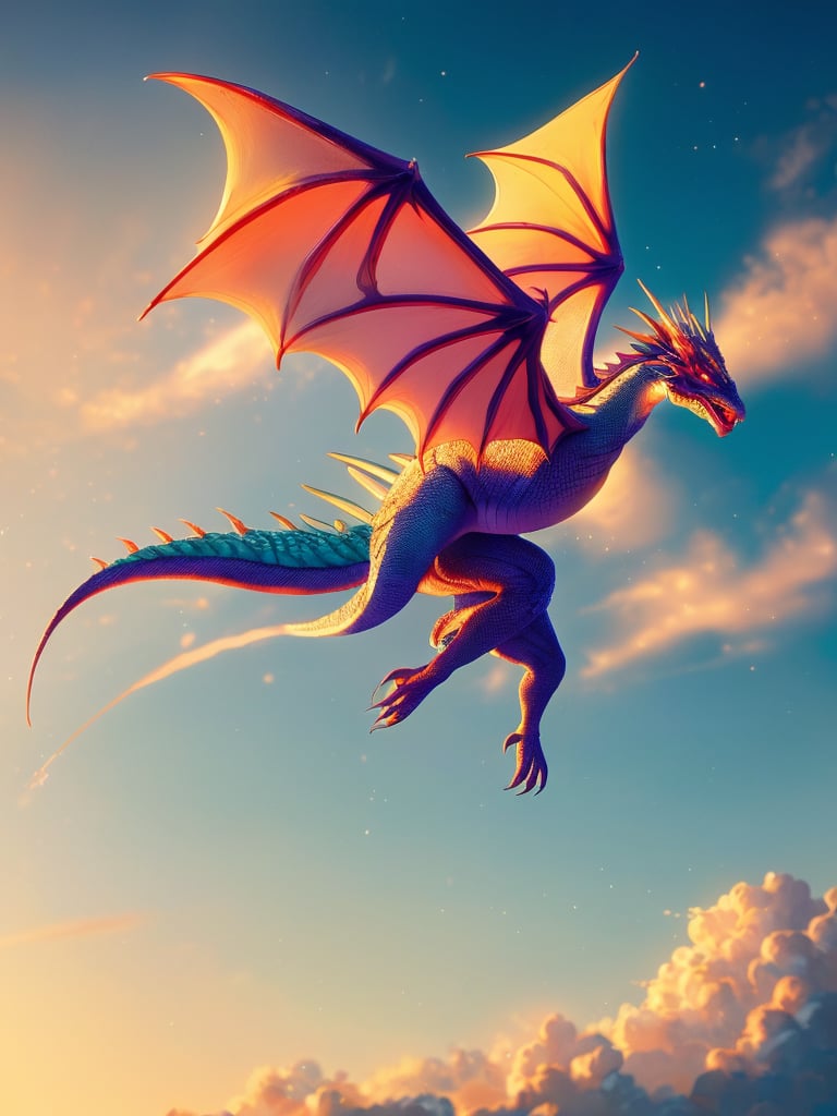 Create a stunning digital painting featuring a majestic dragon soaring through a misty dawn sky, with soft pink and orange hues casting a warm glow on the wispy clouds. The dragon's scales glimmer in the dim light, its wings outstretched as it banks and turns, against a deep blue atmospheric background. Framed by the curvature of the earth, with a subtle gradient of purple and green hues towards the horizon.