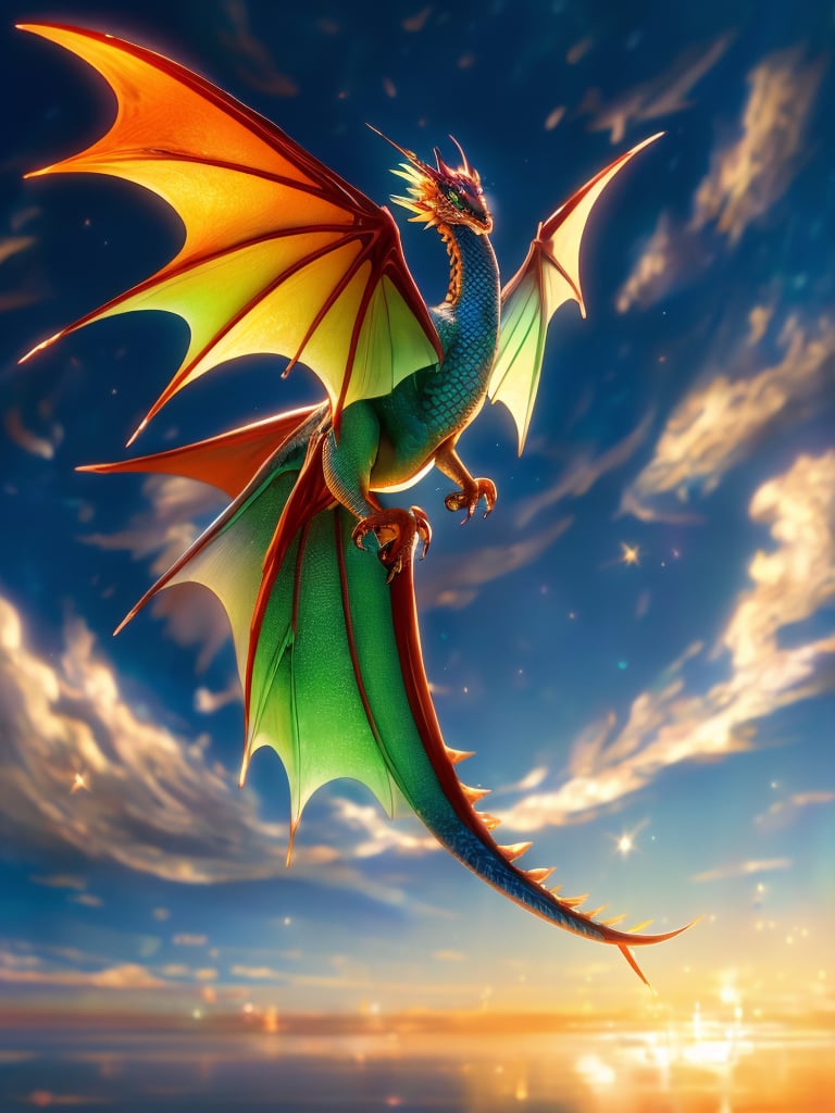 Create a stunning digital painting featuring a majestic dragon soaring through a misty dawn sky, with soft pink and orange hues casting a warm glow on the wispy clouds. The dragon's scales glimmer in the dim light, its wings outstretched as it banks and turns, against a deep blue atmospheric background. Framed by the curvature of the earth, with a subtle gradient of purple and green hues towards the horizon.