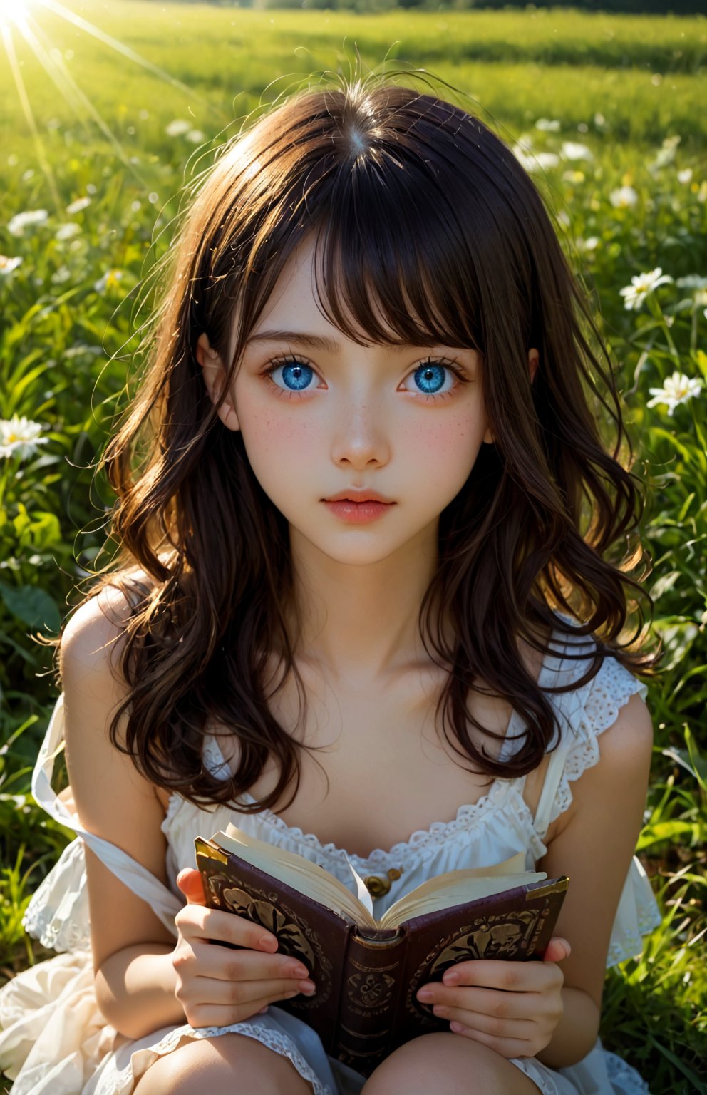 Golden sunlight filters through wispy clouds, casting a warm glow on a serene meadow scene. A young girl, no more than 8 years old, sits comfortably cross-legged on the lush green grass, her bright blue eyes sparkling with curiosity. Her curly brown hair bounces gently in the soft breeze as she tilts her head, her hands cradling a small, colorful book.