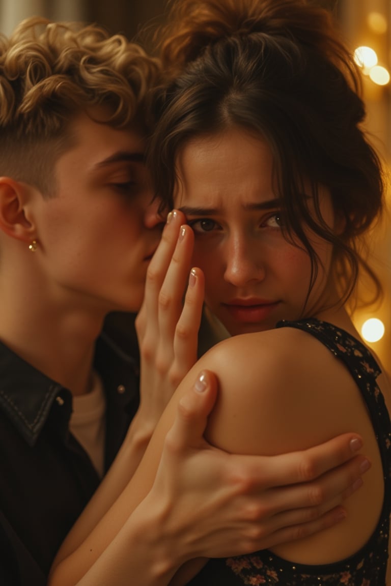 A young woman's face contorts in distress as she wipes away tears, her eyes welling up with sadness. Her boyfriend's hand grips her arm tightly, his fingers digging into her skin as he whispers an apology. The scene is set against a warm, golden-lit background, the soft focus blurring the edges of the frame. The girl's slender figure is posed in a slight angle, her body language conveying vulnerability and hurt.