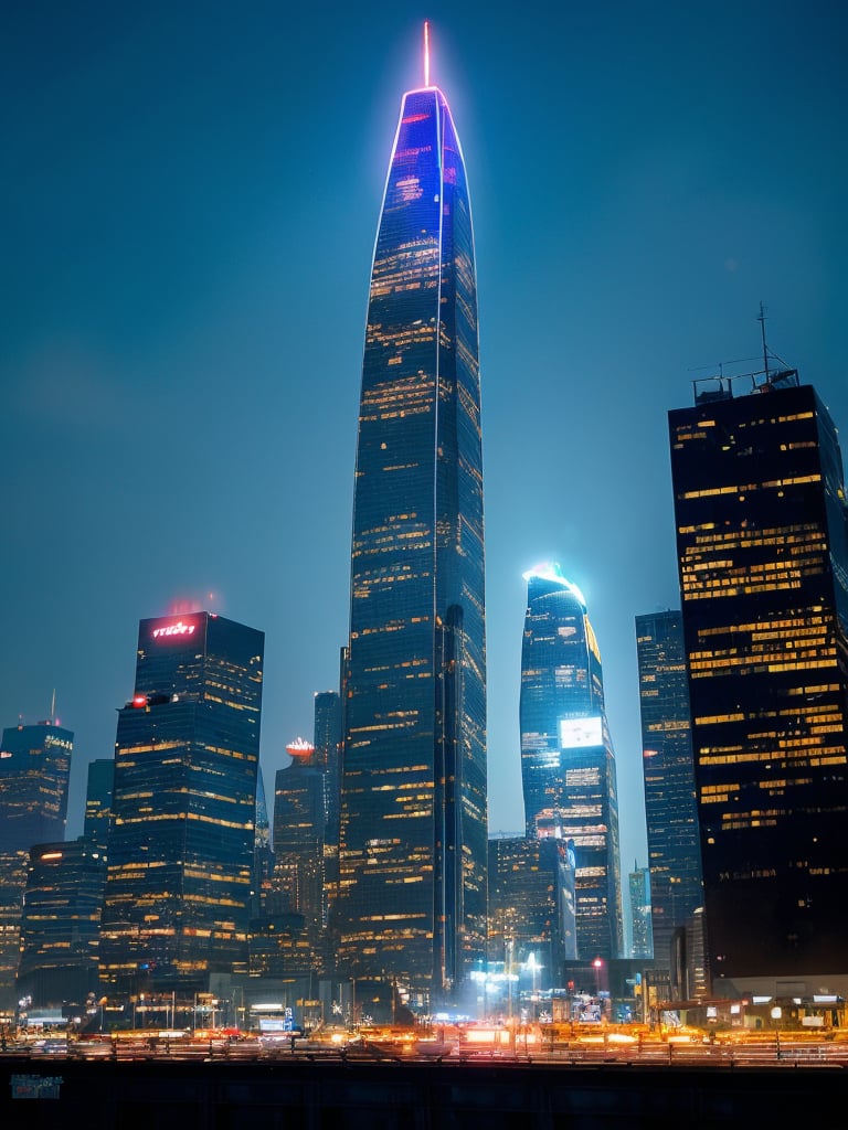 A futuristic cityscape at dusk, with a sleek spaceship landing on a raised platform, surrounded by a halo of blue and purple lights. The ship's metallic surface reflects the vibrant colors of the sky, while the city's towering skyscrapers loom in the background, their windows glowing like tiny jewels. A subtle mist enhances the sense of depth and atmosphere, as a lone figure steps out of the ship, gazing up at the cityscape.