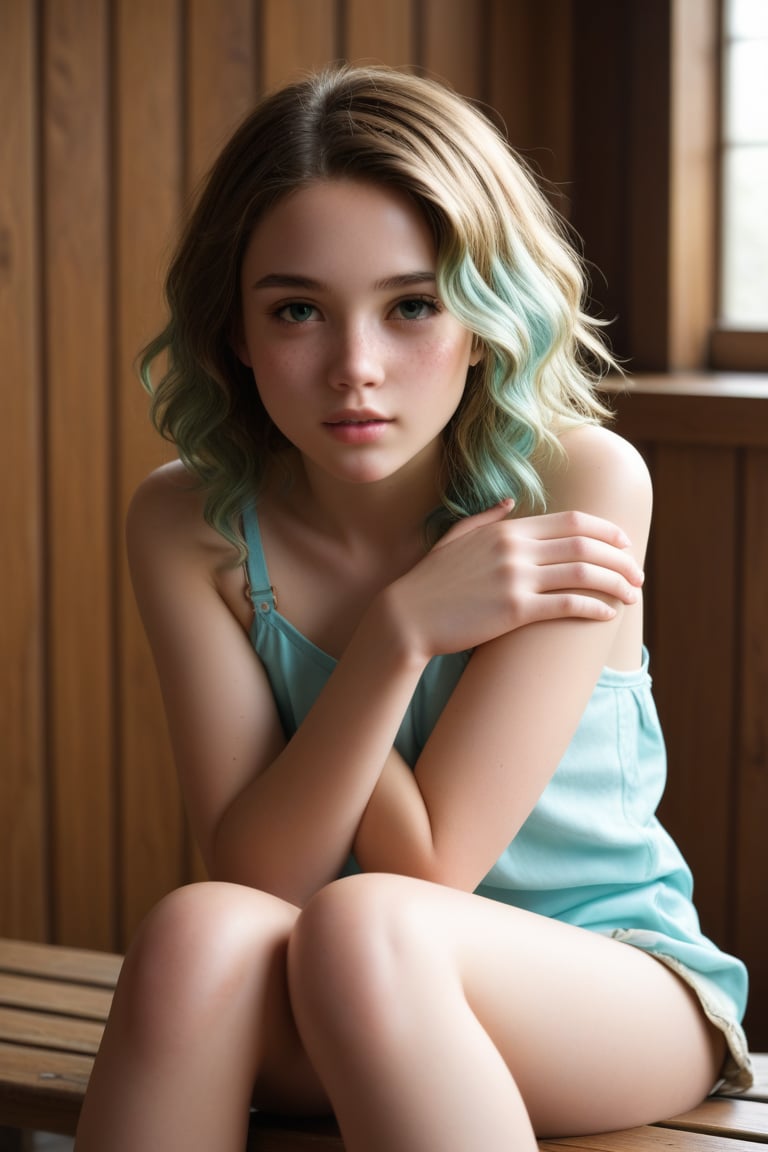 A close-up shot of a young girl sitting on a worn wooden bench, her arms crossed in contemplation as she tilts her head slightly to the left. Soft morning light casts a gentle glow on her thoughtful expression, emphasizing the furrowed brow and pursed lips. The background is blurred, focusing attention solely on her introspective demeanor.