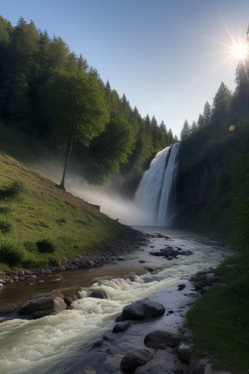 Sun rising between the mountain, waterfall from mountain, waterfall river, Farmaer working on river side, clear sky, tree, tractor