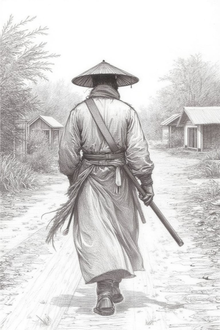 
A dignified warrior, parang held firmly in hand, dons a worn straw hat as he treks along the dusty dirt path, camera capturing his profile from behind. The rustic scene unfolds with Malay village homes in the background, circa 1550. Delicate pencil lines bring forth the monochromatic scene's quiet intensity.,kungfuart