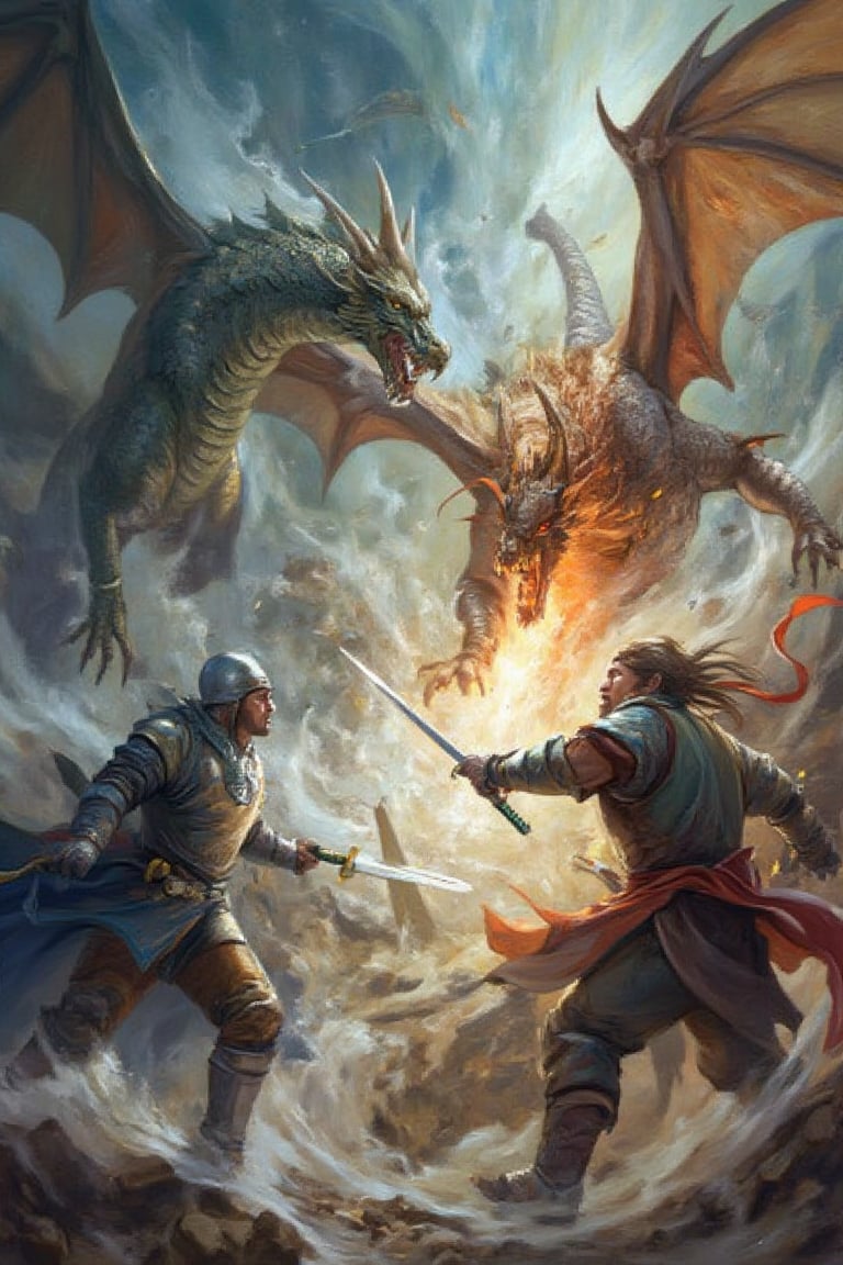 A dynamic combat scene unfolds: two armored warriors, clad in gleaming steel and leather, clash in a flurry of swords and shields. Behind them, a mesmerizing spectacle transpires - two majestic dragons, their scales glinting like polished gemstones, engage in a fierce aerial battle, their wings beating fiercely as they spiral through the misty veil, their fiery breath illuminating the darkening sky.,bukukomik