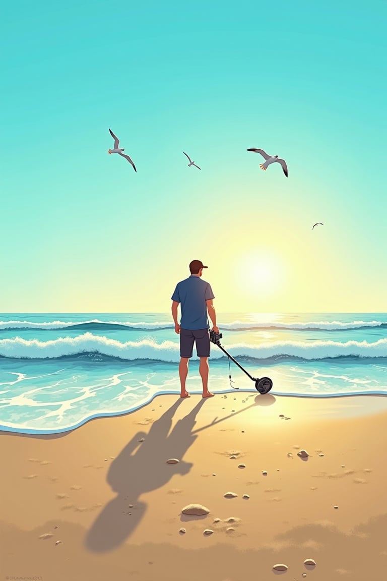 A man stands at the water's edge, metal detector in hand, scanning the sand-covered shoreline as the sun casts a warm glow over the scene. The waves gently lap at his feet, and seagulls soar overhead. Framed by the horizon, the man's figure is silhouetted against the bright blue sky, while the beach's texture and the detector's machinery add depth to the composition. ,cartoon1