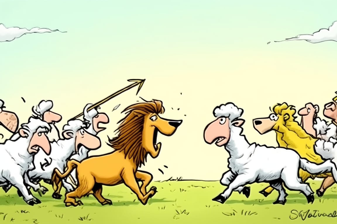 An army of sheeps led by a lion VS  an army of lions led by a sheep,cartoon1