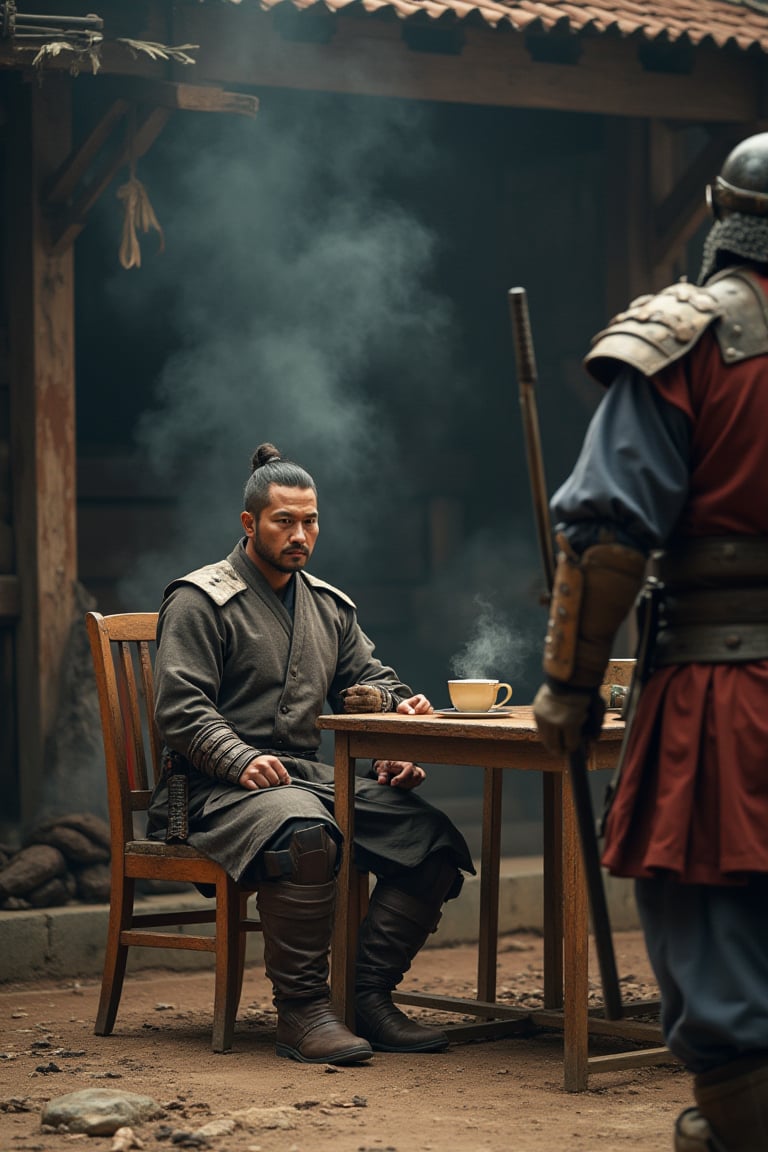 A warrior sits poised on a worn wooden chair, cradling a steaming cup of tea at a quaint Malay stall circa 1550. The camera captures the scene from behind, framing the subject's determined posture as they hold their katana at the ready. In the foreground, another warrior stands tall, their massive axe gleaming in the soft light. Their piercing gaze fixes intently on the seated warrior, the air thick with tension.,kungfuart