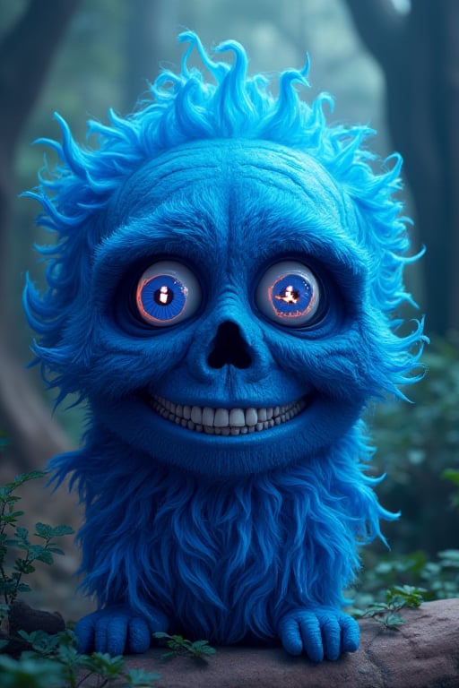 TenTen A blue cubic cube skull called (ten ten), with eyes and smiley mouth, full soft blue fur intricate. At a flame jungle,artberat