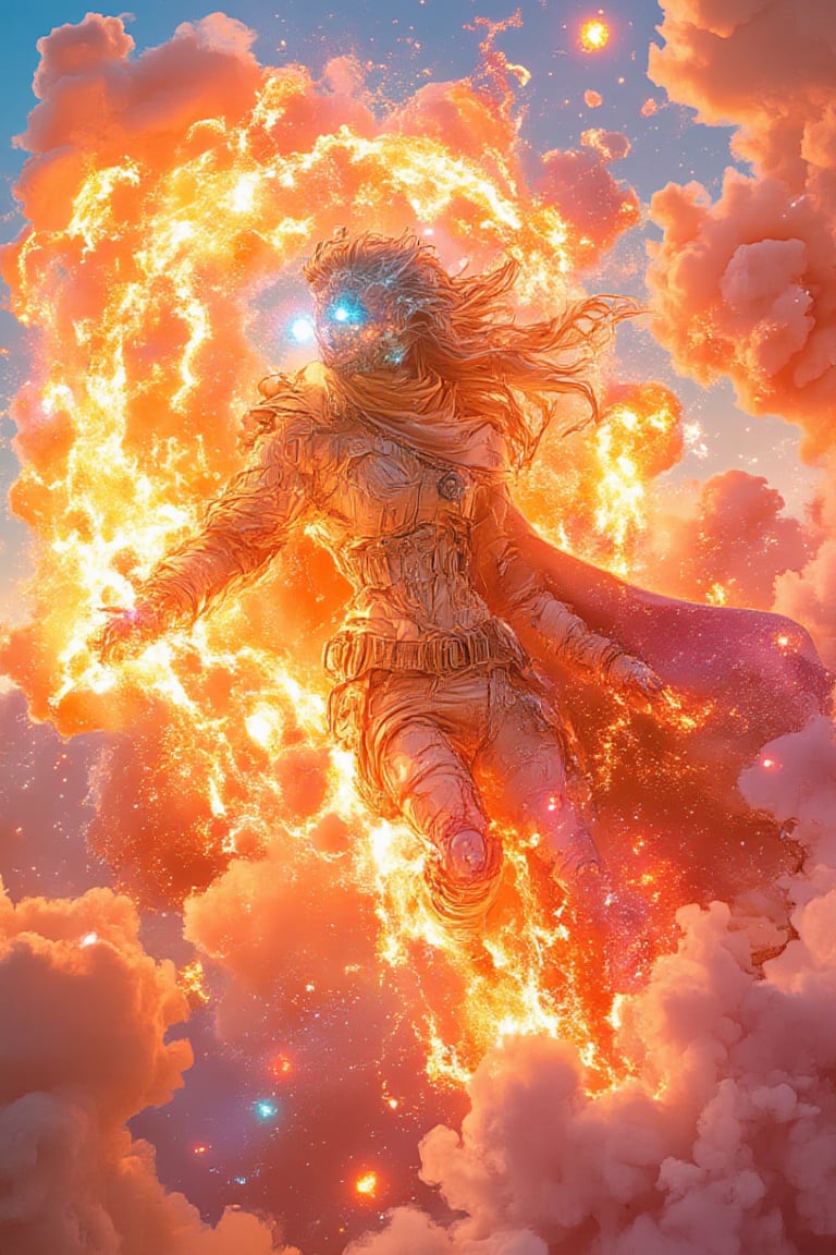 In a sweeping panoramic shot, a goddess of the cloudy multiverse materializes through a faiya shimmering dimensional rift at sunset. Her swirling galaxy cloak undulates around her, illuminated by dimensional lighting that casts an ethereal glow. Starry eyes shine bright as she glides effortlessly, surrounded by blurred galaxies and nebulae shifting behind her. The sky transitions between realities, blending fiery oranges with deep purples, underscoring the mystical, cosmic atmosphere of a multiverse deity in motion.,Fantasy detailers 