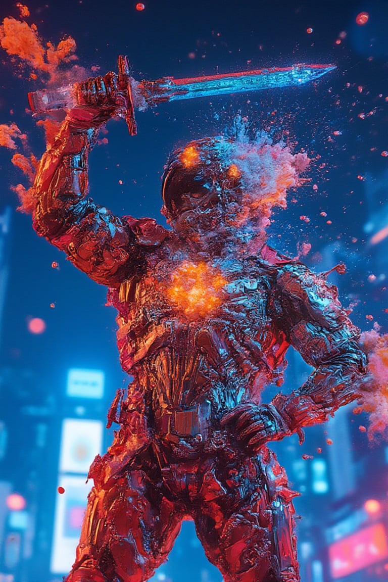 A low-angle shot captures a full body cybernetic tokusatsu as a man wearing glasses blens as a warrior in a style of cloudy, holding up a glowing sword as the neon-lit cityscape hums to life at midnight. The Gambit armor's sharp lines and angular design are highlighted by cool blue reflections on metallic surfaces. Orange and blue sparks dance across the warrior's armor, energized by the futuristic city's pulse. Blurred skyscrapers and neon signs fade into the background, emphasizing the warrior's dominant stance amidst a dark sky filled with floating neon dust particles, radiating an intense, futuristic atmosphere.