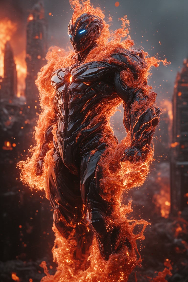 A smoldering metropolis skyline, with towering, half-collapsed buildings glowing with fiery embers. Rivers of molten lava flow through the streets, casting a red-orange hue on everything. In the midst, Bobotflux stands tall as an robot figure in tennogen armour, superhero tokusatsu,blens exuding a commanding presence, a fiery elemental bender, stands amidst the burning ruins, his body crackling with flames.Flames burst from his hands in a mesmerizing vortex of red, orange, and gold, creating fiery whirlwinds that sweep across the decimated city.His eyes blaze with the intensity of a wildfire, and his rugged, scorched skin is etched with glowing embers. His sharp, chiseled features seem to melt and reform with the heat.The air shimmers with heat, and the roar of flames drowns out the city’s silence, as Sandman’s fire bending creates a fiery inferno, consuming the skyline.