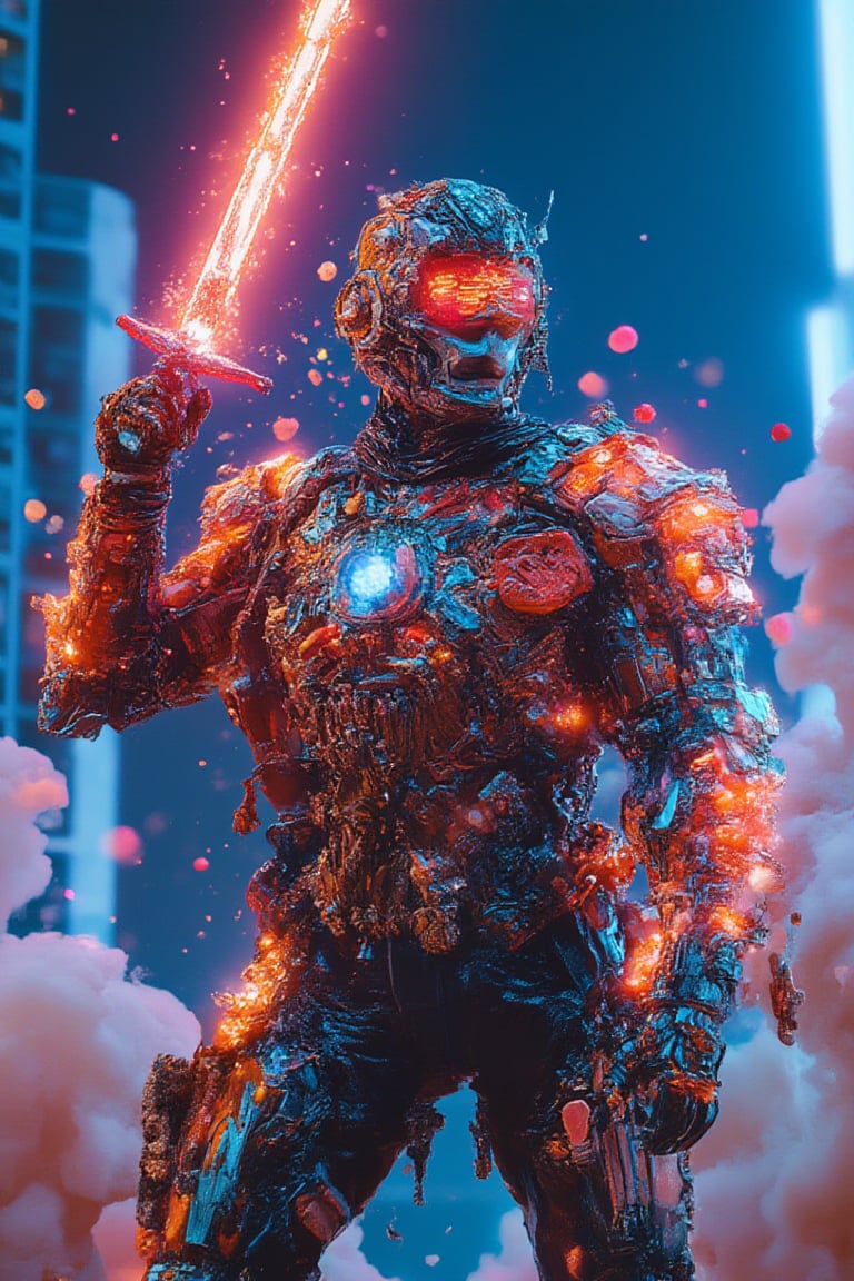 A low-angle shot captures a full body cybernetic tokusatsu as a man wearing glasses blens as a warrior in a style of cloudy, holding up a glowing sword as the neon-lit cityscape hums to life at midnight. The Gambit armor's sharp lines and angular design are highlighted by cool blue reflections on metallic surfaces. Orange and blue sparks dance across the warrior's armor, energized by the futuristic city's pulse. Blurred skyscrapers and neon signs fade into the background, emphasizing the warrior's dominant stance amidst a dark sky filled with floating neon dust particles, radiating an intense, futuristic atmosphere.