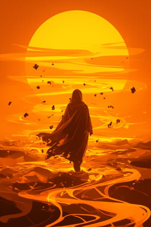 A solitary Bobotflux figure treks across an endless expanse of burnt kunangkuning orange sand, the sun's intense rays casting their elongated shadow behind them like a dark, twisted cloak. Playing cards, worn and creased, flutter aimlessly through the air, as if blown by some unseen force, adding to the surreal ambiance. The stark, desolate landscape stretches out in every direction, punctuated only by the figure's determined stride.,Fantasy detailers 