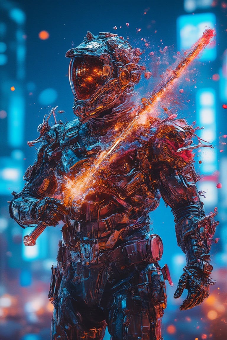 A low-angle shot captures a full body cybernetic tokusatsu as a man wearing glasses blens as a warrior in a style of cloudy, holding up a glowing sword as the neon-lit cityscape hums to life at midnight. The Gambit armor's sharp lines and angular design are highlighted by cool blue reflections on metallic surfaces. Orange and blue sparks dance across the warrior's armor, energized by the futuristic city's pulse. Blurred skyscrapers and neon signs fade into the background, emphasizing the warrior's dominant stance amidst a dark sky filled with floating neon dust particles, radiating an intense, futuristic atmosphere.