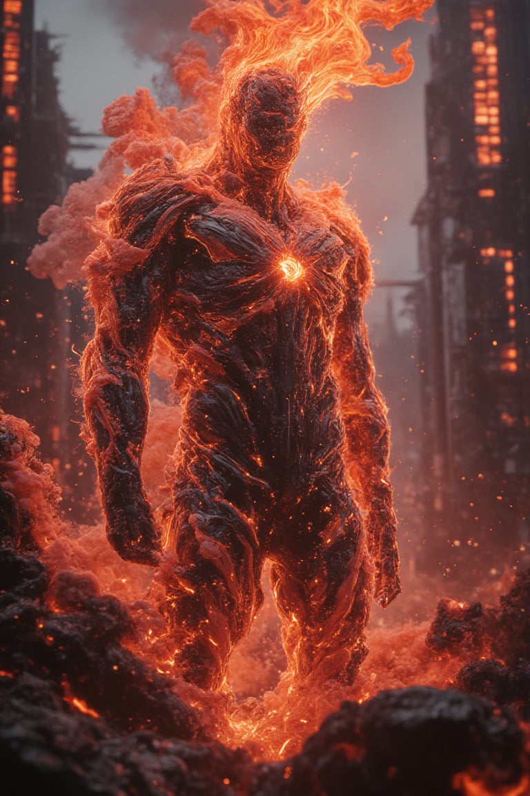 A smoldering metropolis skyline, with towering, half-collapsed buildings glowing with fiery embers. Rivers of molten lava flow through the streets, casting a red-orange hue on everything. In the midst, Bobotflux stands tall as an robot figure in tennogen armour, superhero tokusatsu,blens exuding a commanding presence, a fiery elemental bender, stands amidst the burning ruins, his body crackling with flames.Flames burst from his hands in a mesmerizing vortex of red, orange, and gold, creating fiery whirlwinds that sweep across the decimated city.His eyes blaze with the intensity of a wildfire, and his rugged, scorched skin is etched with glowing embers. His sharp, chiseled features seem to melt and reform with the heat.The air shimmers with heat, and the roar of flames drowns out the city’s silence, as Sandman’s fire bending creates a fiery inferno, consuming the skyline.