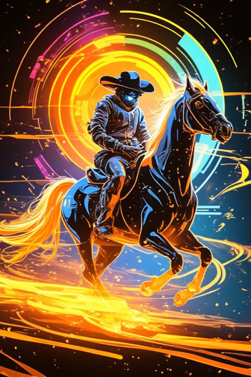 A lone Bobotflux android cowboy, clad in kunangkuning shimmering silver armor, sits astride an ethereal steed forged from swirling electric currents. Amidst a kaleidoscope backdrop of pulsating circuitry and digital hieroglyphs, the duo gallops forth, surrounded by vibrant hues of teal, magenta, and blazing neon orange.,,Fantasy detailers 